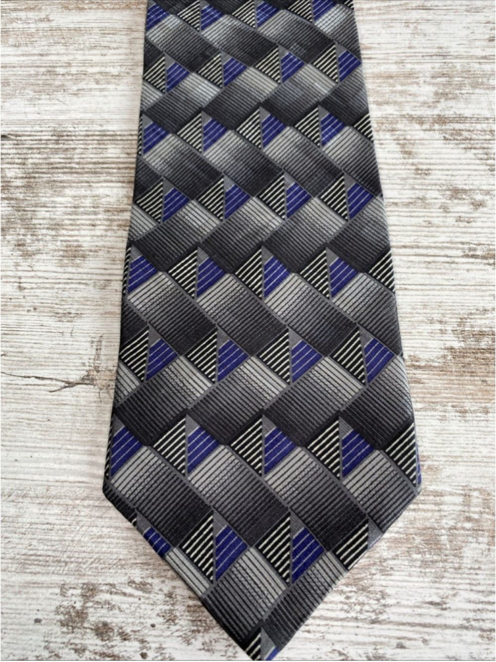 Croft & Barrow Silk Tie Geometric Gray Blue Black Wide 4” Mens Necktie